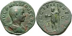 Philip II. As Caesar, A.D. 244-247. Æ sestertius (29 mm, 19.00 g, 12 h). Rome, under Philip I, A.D. 246. M IVL PHILIPPVS CAES, bare-headed and draped bust of Philip II right / [PR]INCIPI I-VVEN[T], S 