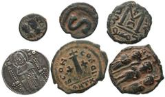 [Miscellaneous]. Lot of six AR and Æ, Byzantine, Islamic and Medieval. Includes: Anastasius I. Æ decanummium. Antioch. SB 52 // Justin I & Justinian I. Æ pentanummium. Antioch. SB 133 // Heraclius. Æ 