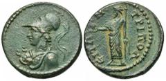 Lydia, Tripolis. Pseudo-autonomous issue. 2nd century A.D. Æ (21 mm, 6.15 g, 12 h). Half-length bust of Athena left, wearing crested Corinthian helmet and aegis / ΤΡΙΠΟΛ-ЄΙΤΩ-Ν, Zeus Lydios standing f