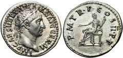 Trajan. A.D. 98-117. AR denarius (19 mm, 3.25 g, 6 h). Rome, A.D. 98/9. IMP CAES NERVA TRAIAN AVG GERM, laureate head of Trajan right / P · M · TR · P · COS · II· P · P, Vesta seated left, holding pat