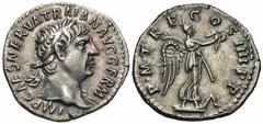 Trajan. A.D. 98-117. AR denarius (19 mm, 3.09 g, 6 h). Rome, A.D. 101/2. IMP CAES NERVA TRAIAN AVG GERM, laureate bust of Trajan right, drapery on far shoulder / P M TR P COS IIII P P, Victory standin