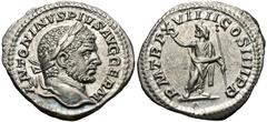 Caracalla. A.D. 198-217. AR denarius (20 mm, 3.2 g, 12 h). Rome, A.D. 216. ANTONINVS PIVS AVG GERM, laureate head of Caracalla right / P M TR P XVIIII COS IIII PP, Serapis, wearing polos, standing fac