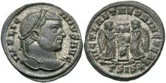 Licinius I. A.D. 308-324. Æ follis (19 mm, 3.07 g, 12 h). Siscia, A.D. 319/20. IMP LIC-INIVS AVG, laureate head of Licinius I right / VICT LAETAE PRINC PERP, two Victories standing facing one another,