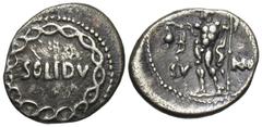 Celtic Coins Britain, Kent Region. Cantiaci. Solidus. Ca. A.D. 40-43. AR unit (12 mm, 1.29 g, 3 h). Solidus type. SOLIDV on plain field, chain border / CV-NO, figure standing facing, head left, holdin
