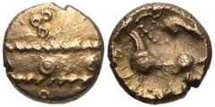 Celtic Coins Britain, Southern Region. Regni & Atrebates. Early uninscribed issues. Ca. 60-50 B.C. AV 1/4 stater (8 mm, 1.18 g). Selsey Tramlines type. Two lines of wreath separated by pellets, triple
