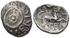 Celtic Coins Britain, Southern Region. Regni & Atrebates. Verica. Ca. A.D. 10-40. AR unit (13 mm, 1.26 g, 12 h). Verica Circles type. VERICA [COMMI F], pellet within two circles / REX below, lion leap