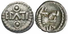 Celtic Coins Britain, Southern Region. Regni & Atrebates. Epaticcus. Ca. A.D. 20-40. AR minim (8 mm, 0.34 g, 3 h). Epaticcus Boar's Head type. EPATI between pellet-in-annulet above and below / TA, boa