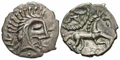 Celtic Coins Britain, East Anglian Region. Iceni. Early uninscribed issues. Mid-1st century B.C. AR unit (14 mm, 1.14 g, 7 h). Norfolk God (moustache) type. Mustachioed male head right; behind, grain 