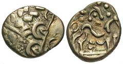Celtic Coins Britain, North Eastern Region. Corieltavi. Early uninscribed issues. Ca. 50 B.C.-A.D. 1 AV stater (19 mm, 5.65 g, 9 h). North East Coast type. Wreath, cloak and crescents presenting a sty