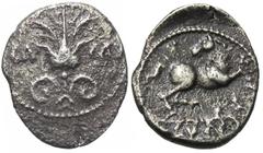 Celtic Coins Britain, North Thames Region. Catuvellauni & Trinovantes. Cunobelinus. Ca. A.D. 8-41. AR unit (12 mm, 1.20 g, 6 h). Cunobelinus Flower type. Camulodunum. CA-MV, flower / CVNO in exergue, 