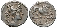Greek Coins Gaul, Massalia. Ca. 150-130 B.C. AR drachm (16 mm, 2.77 g, 4 h). Diademed and draped bust of Artemis to right, bow and quiver at shoulder / [Μ]ΑΣΣ[Α]-ΛΙΗΤΩΝ, lion prowling right; to right,