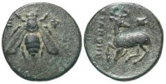 Greek Coins Ionia, Ephesos. Ca. 390-320/00 B.C. Æ (14 mm, 2.16 g, 11 h). Euanthes, magistrate. Ε-Φ, bee / Stag kneeling left, head turned to look back; above, astralagos; in left field, magistrate's n