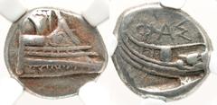 Greek Coins Lycia, Phaselis. Ca 411-400 B.C. AR tetrobol (13 mm, 10 h). Prow of galley right / ΦΑΣ, stern of galley right. Heipp-Tamer 72 (V47/R62). NGC Ch VF.
