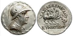Eastern Greek Coins Baktrian Kingdom. Eukratides I. Ca. 171-145 B.C. AR tetradrachm (33 mm, 17.00 g, 12 h). Diademed and draped bust of Eukratides I right, wearing helmet adorned with bull's horn and 