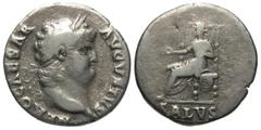 Roman Imperial Coins Nero. A.D. 54-68. AR denarius (17 mm, 3.19 g, 7 h). Rome, A.D. 65/6. NERO CAESAR AVGVSTVS, radiate head of Nero right / SALVS in exergue, Salus seated left, holding patera. RIC 60