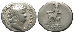 Roman Imperial Coins Nero. A.D. 54-68. AR denarius (19 mm, 3.18 g, 6 h). Rome, A.D. 65/6. NERO CAESAR AVGVSTVS, radiate head of Nero right / SALVS in exergue, Salus seated left, holding patera. RIC 60