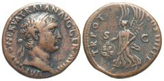 Roman Imperial Coins Trajan. A.D. 98-117. Æ as (27 mm, 12.58 g, 6 h). Rome, A.D. 101/2. IMP CAES NERVA TRAIAN AVG GERM P M, laureate head of Trajan right / TR POT COS IIII P P, S C across field, Victo