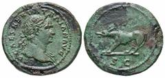 Roman Imperial Coins Trajan. A.D. 98-117. Æ quadrans (18 mm, 2.91 g, 6 h). Rome, ca. A.D. 109. IMP CAES NERVA TRAIAN AVG, laureate bust of Trajan right, slight drapery on far shoulder / S C in exergue