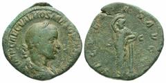 Roman Imperial Coins Hostilian. A.D. 251. Æ sestertius (30 mm, 20.43 g, 12 h). Rome, under Trajan Decius. IMP CAE C VAL HOS MES QV[INTVS AVG], radiate, draped and cuirassed bust of Hostilian right / S