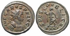 Roman Imperial Coins Carus. A.D. 282-283. Æ antoninianus (22 mm, 4.67 g, 6 h). Ticinum, A.D. 252. IMP CARVS P F AVG, radiate and cuirassed bust of Carus right / SPES PVBLICA, Spes advancing left, hold