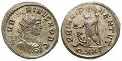Roman Imperial Coins Carinus. As Caesar, 282-283. Æ antoninianus (22 mm, 4.07 g, 6 h). Ticinum, A.D. 282. M AVR CARINVS NOB C, PRINCIPI IV-VENTVT, prince standing facing, head left, holding globe and 