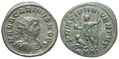 Roman Imperial Coins Carinus. As Caesar, 282-283. Æ antoninianus (22 mm, 4.81 g, 11 h). Ticinum, A.D. 282. M AVR CARINVS NOB C, radiate, draped and cuirassed bust of Carinus right / PRINCIPI IVVENT, p