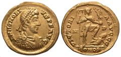 Roman Imperial Coins Honorius. A.D. 393-423. AV solidus (21 mm, 4.31 g, 12 h). Mediolanum, A.D. 395-402. D N HONORI-VS P F AVG, diademed, draped and cuirassed bust of Honorius right / VICTORI-A AVGGG,