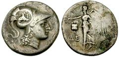 Lot 60.  PAMPHYLIA. Side. Circa 200-190 BC. AR Tetradrachm (28mm - 15.92 g). Head of Athena right, wearing crested Corinthian helmet; c/m: bow in bow-case with Π-EΡ / Nike advancing left, holding wrea