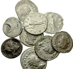 Lot 146.  Lot of Nine Roman Silver Issues. Includes the following: Anonymous Republican Denarius // L. Lucretius Trios Denarius // Gordian III Antoninianus. Providentia standing left // Gordian III An