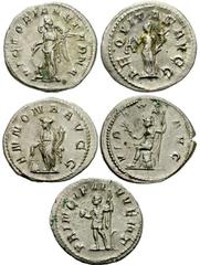 Lot 144.  Lot of Five Gordian III - Philip II AR Antoniniani. Includes the following: Gordian III. VICTORIA AETERNA, Victory standing left. RIC 156 // Philip I. AEQVITAS AVGG, Aequitas standing left. 