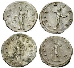 Lot 152.  Lot of Four Gordian III Antoniniani. Includes the following: AEQVITAS AVG, Aequitas standing left, holding scales and cornucopia. RSC 17 // ORIENS AVG, Sol standing left, right hand raised, 
