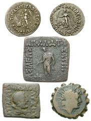 Lot 173.  Lot of Four Baktrian Issues, and one Seleukid Æ. Includes the following: Antimachos. AR Drachm. Nike walking left / King on horseback right. (2 examples with different controls) // Apollodot