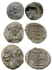 Lot 33.  Lot of Three Kolophon Fractions. Includes the following: AR Tetartemorion. Head of Apollo left / Rough incuse. SNG Kayhan 343 // AR Tetartemorion. Facing head of Apollo / TE monogram. SNG Kay