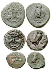 Lot 99.  Lot of Three Kamarina Æ's . Includes the following: Æ Tetras. W&J Type C // Æ Tetras. W&J Type C, Γ on reverse // Æ Onkia. W&J Type C. Average Fine with brown patinas, all with some surfaces 