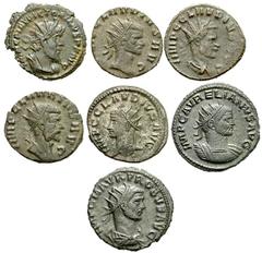 Lot 107.  Lot of Seven Roman Antoniniani. Includes the following issues: Victorinus. FIDES MILITVM, Fides standing left, holding standard in each hand. RIC V 109 // Claudius Gothicus. APOLLINI CONS, A