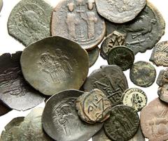 Lot 117.  Lot of Seven Late Roman and Twenty-four Byzantine Æ's. Lot includes: Constantius Gallus // Theodosius I // Theodosius II // Arcadius // Valentinian II. Uncertain // Maurice Tiberius //Justin