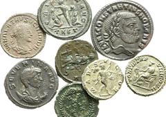 Lot 109.  Lot of Eight Miscellaneous Roman Issues. Includes the following: Caracalla. AR Denarius // Elagabalus. AR Denarius // Victorinus. Antoninianus // Aurelian. Antoninianus // Aurelian and Vabal
