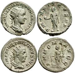 Lot 141.  Lot of Two Roman AR Antoniniani. Includes the following: Gordian III. Providentia standing left holding globe and scepter. RSC 196 // Philip I. Annona standing left. RSC 25. The Gordian EF, 