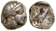 STAROŻYTNOŚĆ Tetradrachma, ok. 454-404 p.n.e., Ateny; Aw: Głowa Aten...Ateny, Tetradrachma, ok. 454–404 p.n.e., Ateny; Aw: Głowa Ateny w prawo, w hełmie przyozdobionym liśćmi laurowymi; Rw: W kwadraci