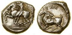 STAROŻYTNOŚĆ Stater, (ok. 425-400 pne); Aw: Nagi młodzieniec z batem...Cylicja, Kelenderis, Stater, (ok. 425–400 pne); Aw: Nagi młodzieniec z batem w dłoni, siedzący na koniu (jak w siodle bocznym) w 