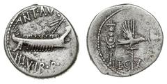 ANCIENT TIMES; Roman Republic - Marcus Antonius 32-31 BC. denar legionowy 32-31 pne, Legion XX, Aw: Galera w prawo, u góry ANT AVG, u dołu III VIR R P [C], Rw: Aquila (orzeł legionowy) pomiędzy dwoma 