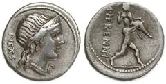 Roman Republic - M. Herennius M. f. 108-107 BC; denar 108/107 pne, Rzym, Aw: Głowa Pietas w prawo, za nią PIETAS, przed nią znak kontrolny P, Rw: Jeden z braci katańskich uciekający ze swym ojcem na r