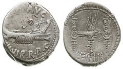 ROMAN REPUBLIC; Roman Republic - Marcus Antonius - triumvirate period 43-27 BC. denar legionowy 32-31 pne, Legion III, Aw: Galera w prawo, u góry ANT AVG, u dołu III VIR R P C, Rw: Aquila (orzeł legio