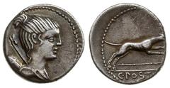 Roman Republic - C. Postumius 74 BC; denar 74 pne, Rzym, Aw: Popiersie Diany z łukiem i kołczanem na ramieniu w prawo, Rw: Pies myśliwski biegnący w prawo, poniżej włócznia, w odcinku C. POSTV[MI] / A