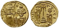 BYZANTINE COINS; Byzantine Empire - Constans II, Constantine IV and Heraclius 659-688. solidus 659-668, Konstantynopol; Aw: Popiersia Konstansa II i Konstantyna IV w koronach na wprost, dN CONS TNI; R