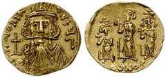 BYZANTINE COINS; Byzantine Empire - Constans II, Constantine IV and Heraclius 659-688. solidus 667-668, Konstantynopol; Aw: Popiersie Konstansa na wprost, wokoło VICTORIA AVGЧ Γ; Rw: Postacie Tyberius