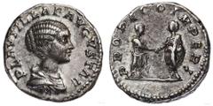 STAROŻYTNOŚĆ Plautilla, żona Karakalli (202–205), Denar, 202–205, Rzym; Aw: Głowa cesarzowej w prawo, PLAVTILLAE AVGVSTAE; Rw: Stojący w lewo Karakalla vis-a-vis stojącej w prawo Plautilli, trzymają s