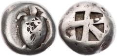 GRIECHISCHE MÜNZEN AEGINA AEGINA AR-Stater 525-475 v. Chr. Vs.: Seeschildkröte, Rs.: fünffeldriges incusum HGC 6, 434; Meadows, Aegina, Group IIc; SNG München 544-545. 12.10 g. Vs. Punzen, s-ss ex Slg