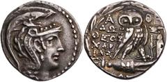 GRIECHISCHE MÜNZEN ATTIKA ATHEN AR-Tetradrachme Juni/Juli (Skirophorion) 99 v. Chr. Dositheos, Charias & So(...), Vs.: Kopf der Athena Parthenos mit dreibuschigem Greifenhelm n. r., Rs.: Eule steht au