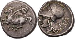 GRIECHISCHE MÜNZEN KORINTHIA KORINTH AR-Stater 345-307 v. Chr. Vs.: Pegasos fliegt n. l., darunter Koppa, Rs.: Kopf der Athena mit korinthischem Helm n. l., rechts Kranz BCD Korinth 116; Calciati 403;